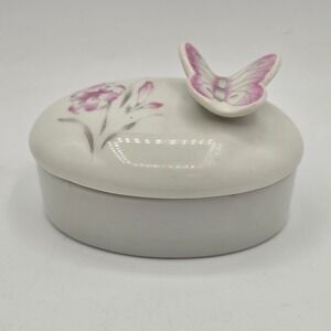 Vintage‎ Jasco "Petal and Wings" White Porcelain Trinket Box Pink Butterfly Lily